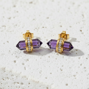 Gold amethyst hexagon stud earrings with cubic zirconia band, February birthstone jewelry