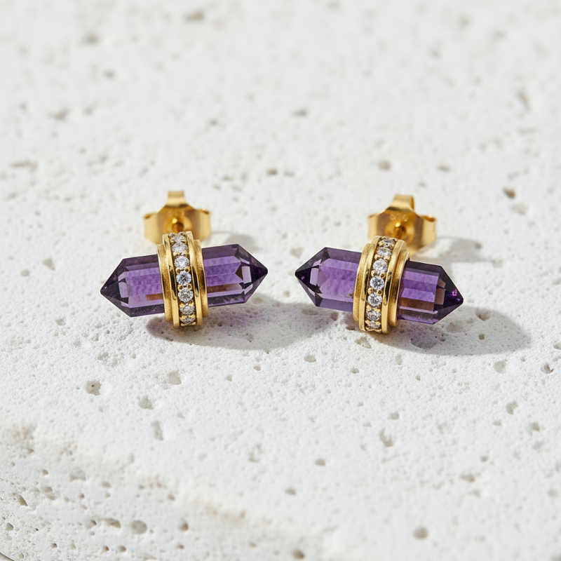 Gold amethyst hexagon stud earrings with cubic zirconia band, February birthstone jewelry