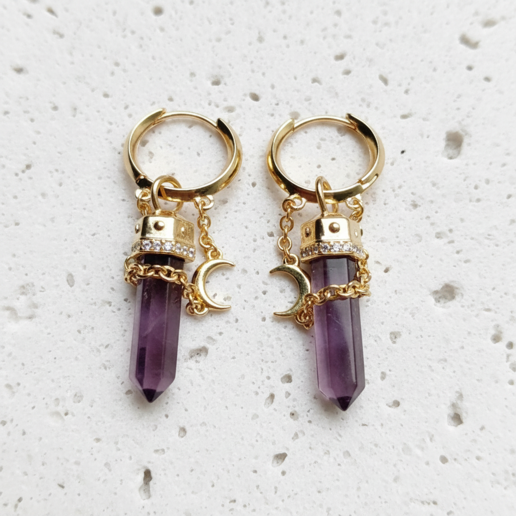 Gold hoop earrings with natural amethyst hexagonal drop and moon charm, celestial jewelry
