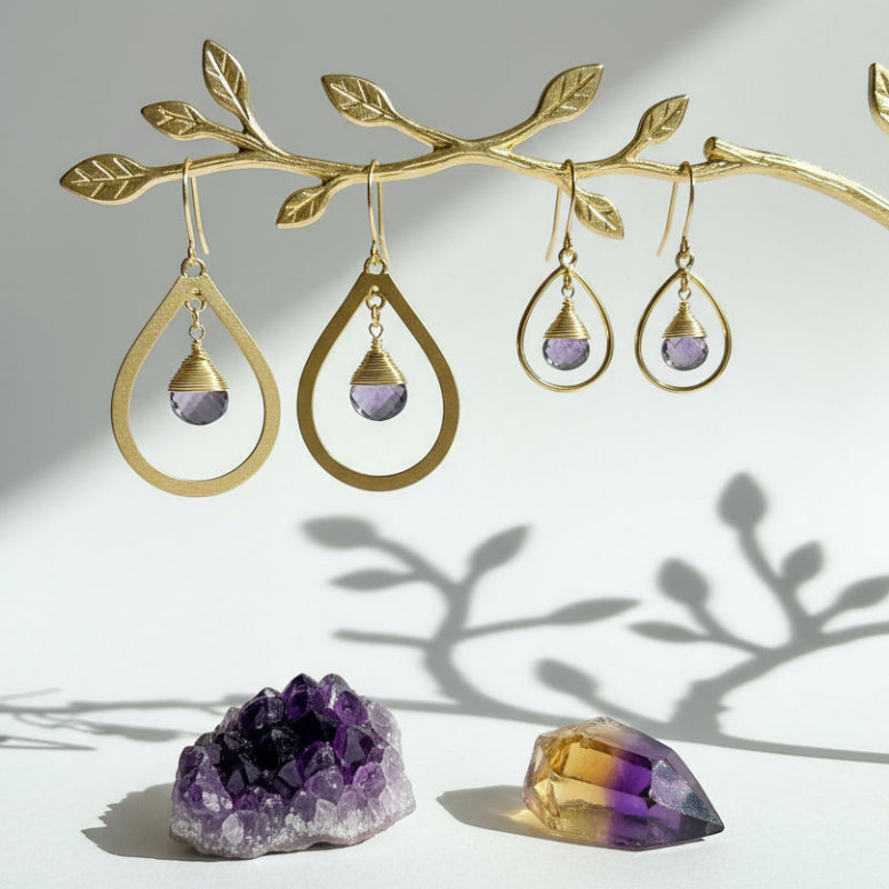 Gold amethyst hoop earrings in fine hoop and bold teardrop styles, February birthstone jewelry
