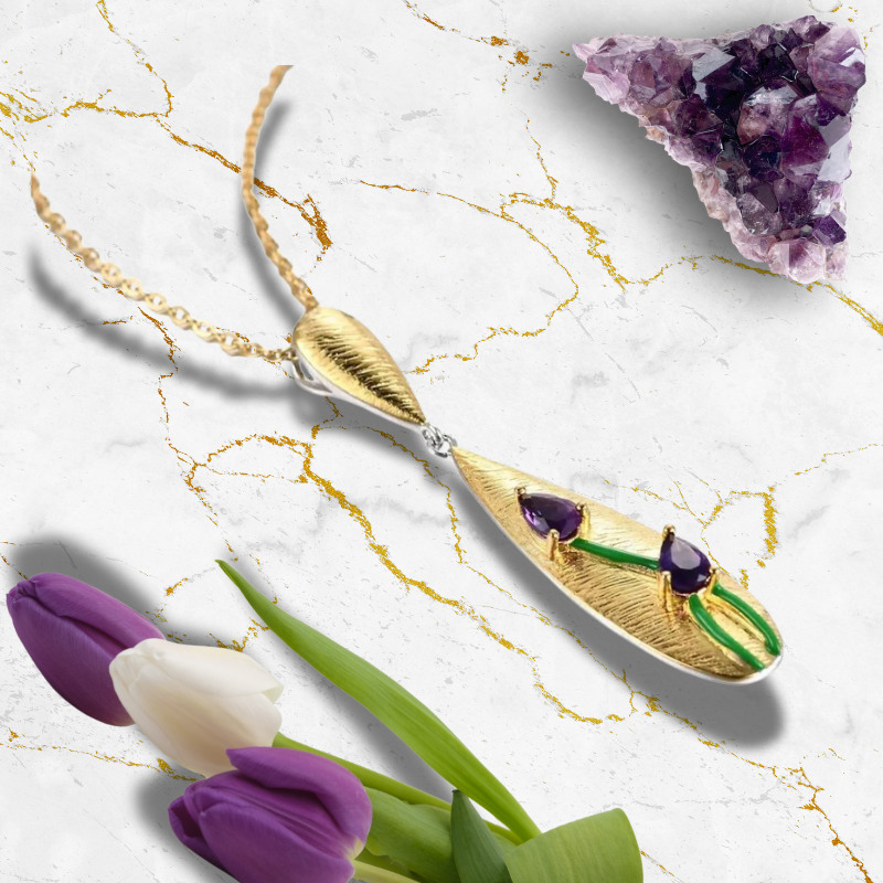 Elegant Brushed Gold Tulip Pendant Necklace with Faceted Amethyst - Gold Plated Sterling Silver