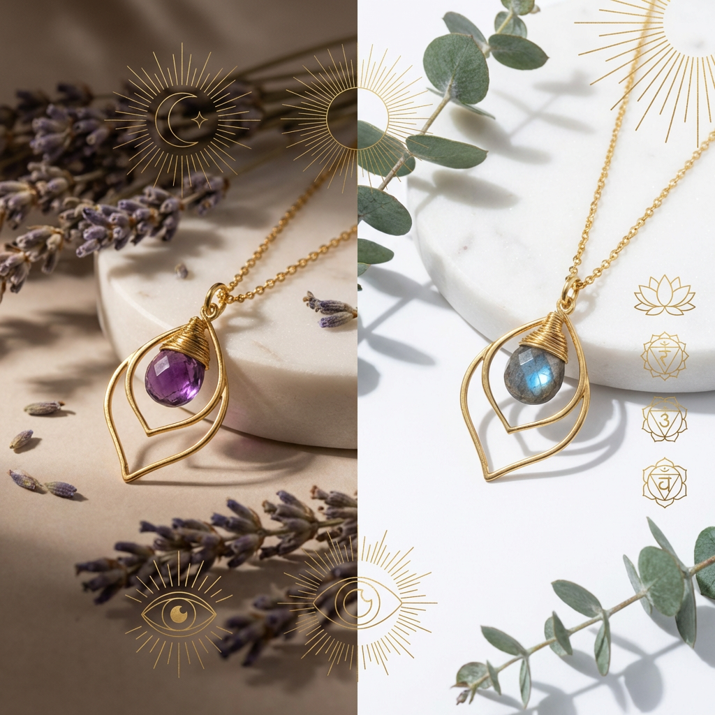 Two gold necklaces with gemstones on a decorative background with lavender and eucalyptus leaves.