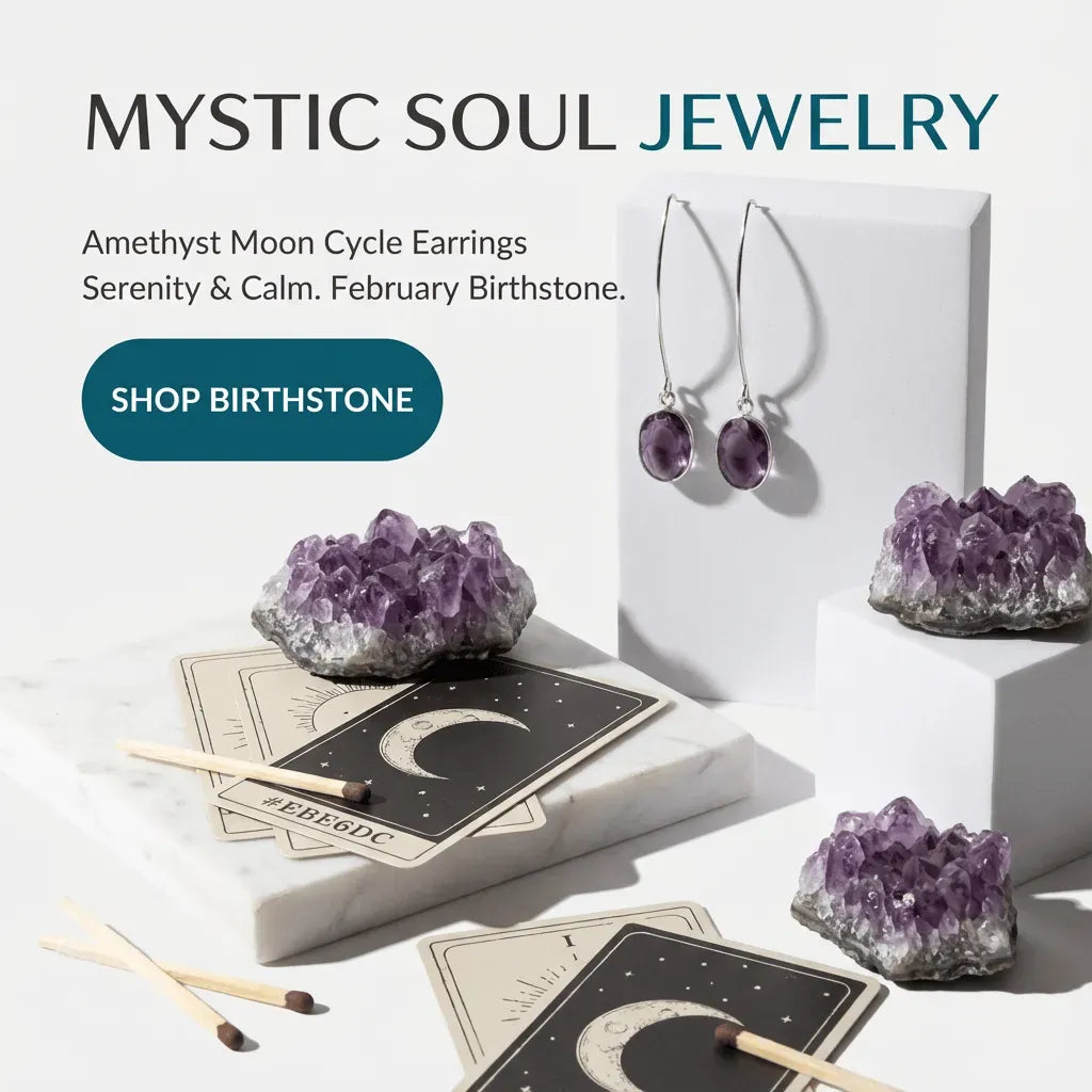Mystic Soul Jewelry display with amethyst earrings and crystals on a white background