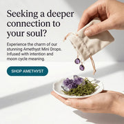 Hand holding a small bag with amethyst earrings over a plate with crystals and herbs, with text promoting Amethyst Mini Drops.