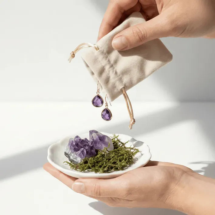 Hand holding a small white dish with amethyst crystals and green moss, next to a beige drawstring bag with purple amethyst earrings.
