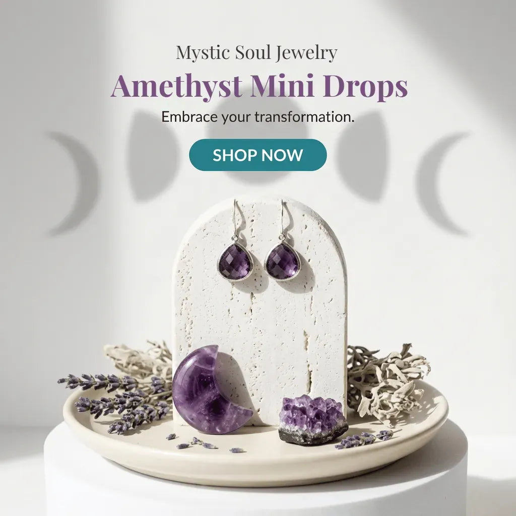 Amethyst jewelry set with earrings and stones on a white background, featuring 'Mystic Soul Jewelry' branding.