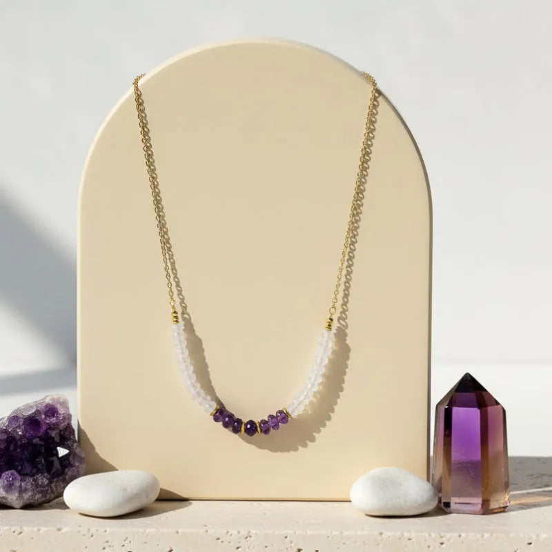 Amethyst and moonstone graduated necklace hanging, one-of-a-kind gemstone jewelry