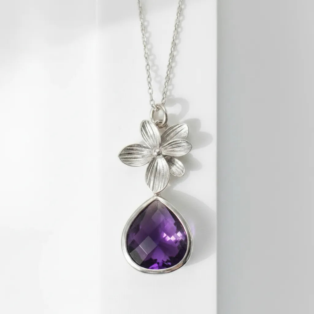 Silver plated orchid glass drop necklace with an amethyst purple faceted drop
