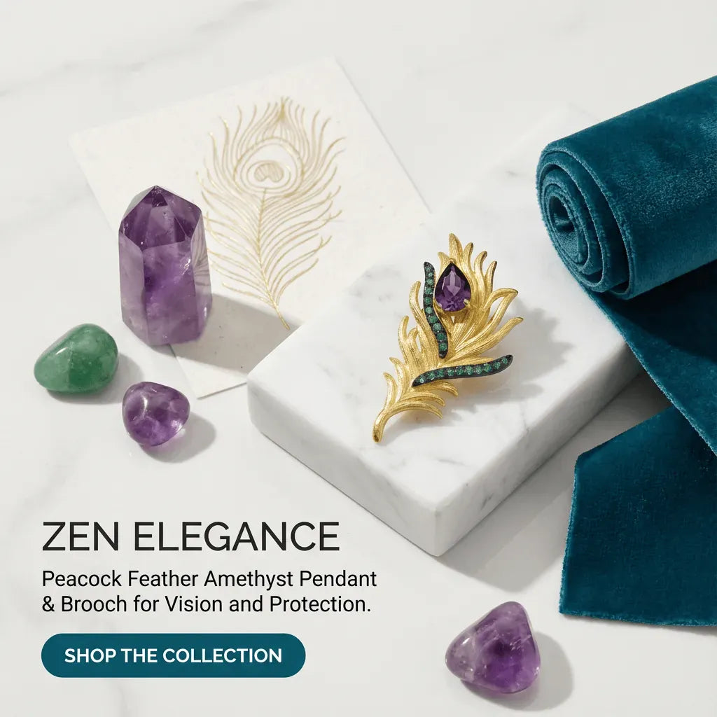 Gold peacock feather amethyst pendant and brooch with crystals on a white background