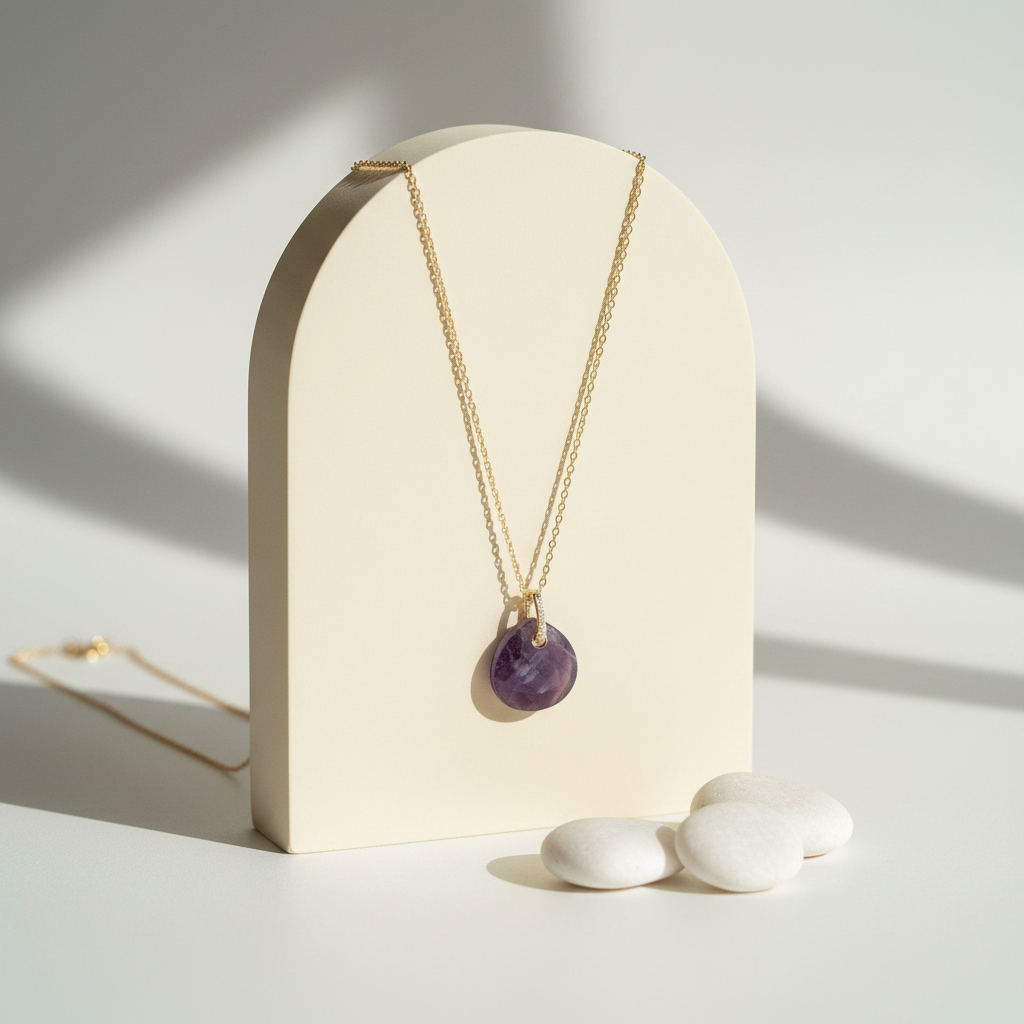 Gold amethyst pear drop necklace with a cubic zirconia crystal bail — third eye chakra jewelry