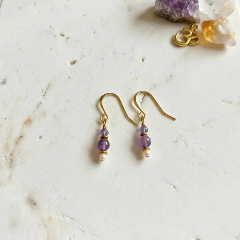 Om & Peacock Pearl amethyst and crystal drop earrings, gold-plated, one-of-a-kind