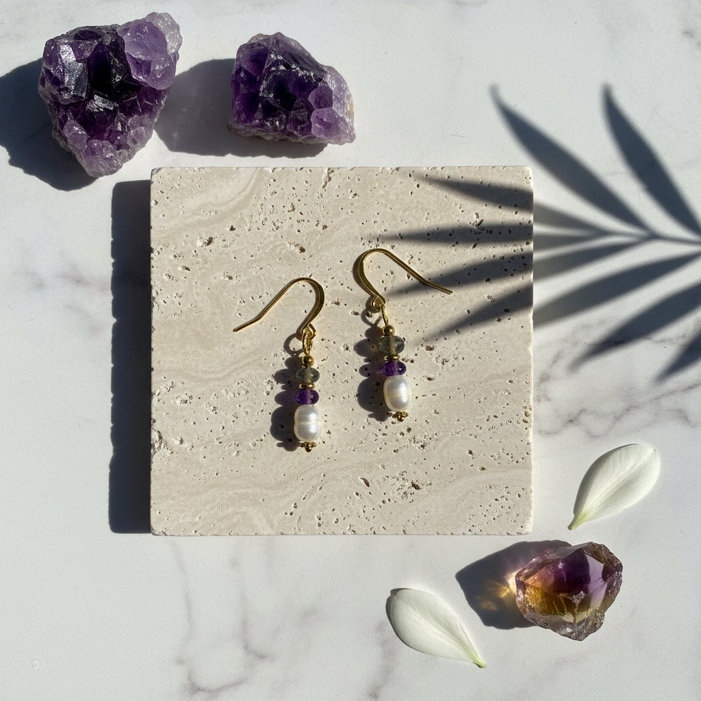 Amethyst, freshwater potato pearl and labradorite drop earrings, one-of-a-kind gemstone jewelry