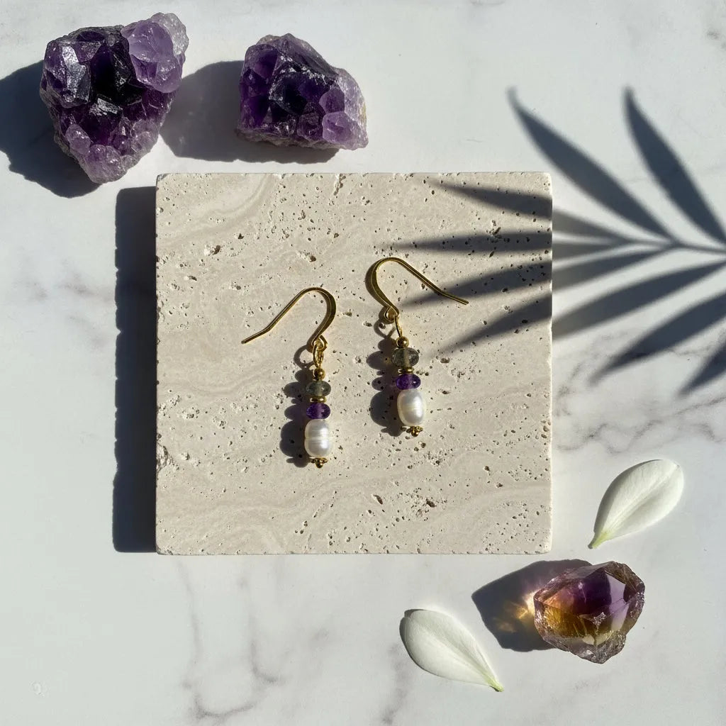 Amethyst, freshwater potato pearl and labradorite drop earrings, one-of-a-kind gemstone jewelry