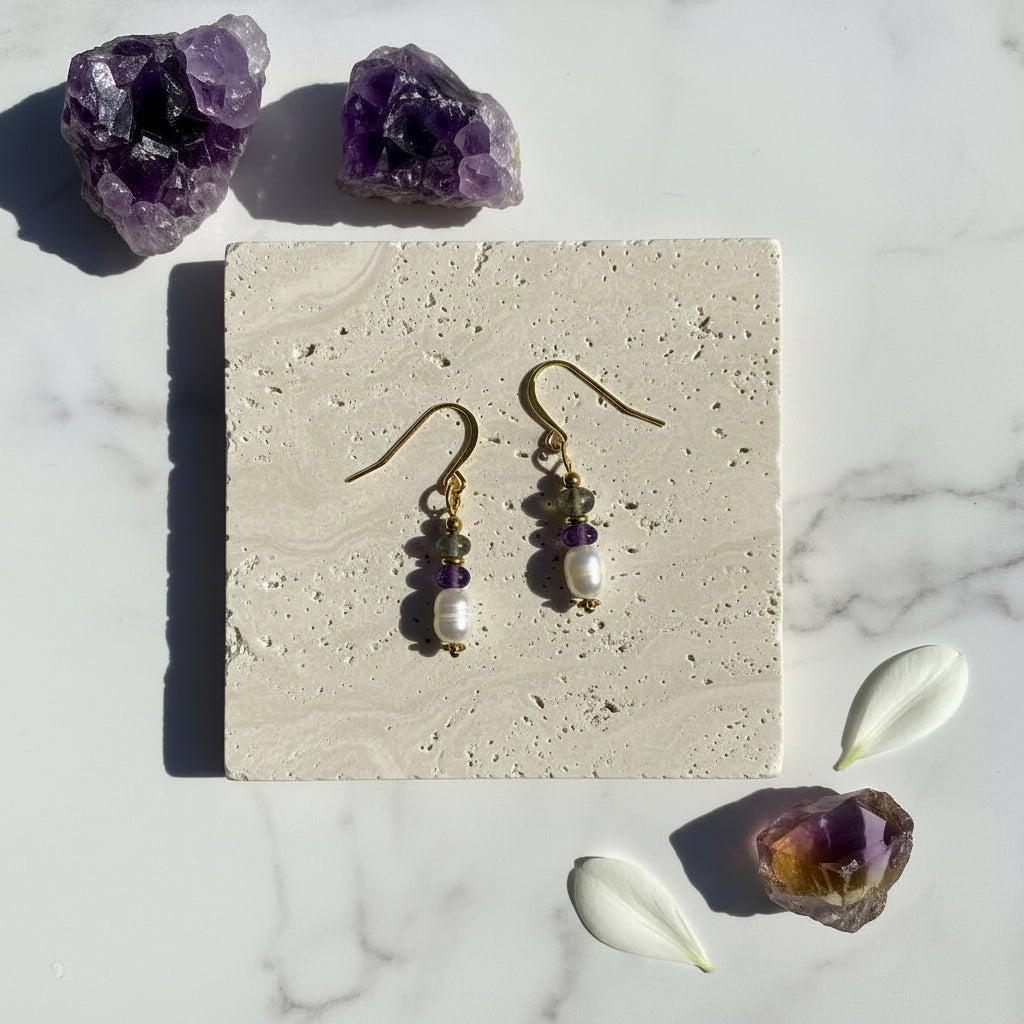 Amethyst, freshwater potato pearl and labradorite drop earrings, one-of-a-kind gemstone jewelry