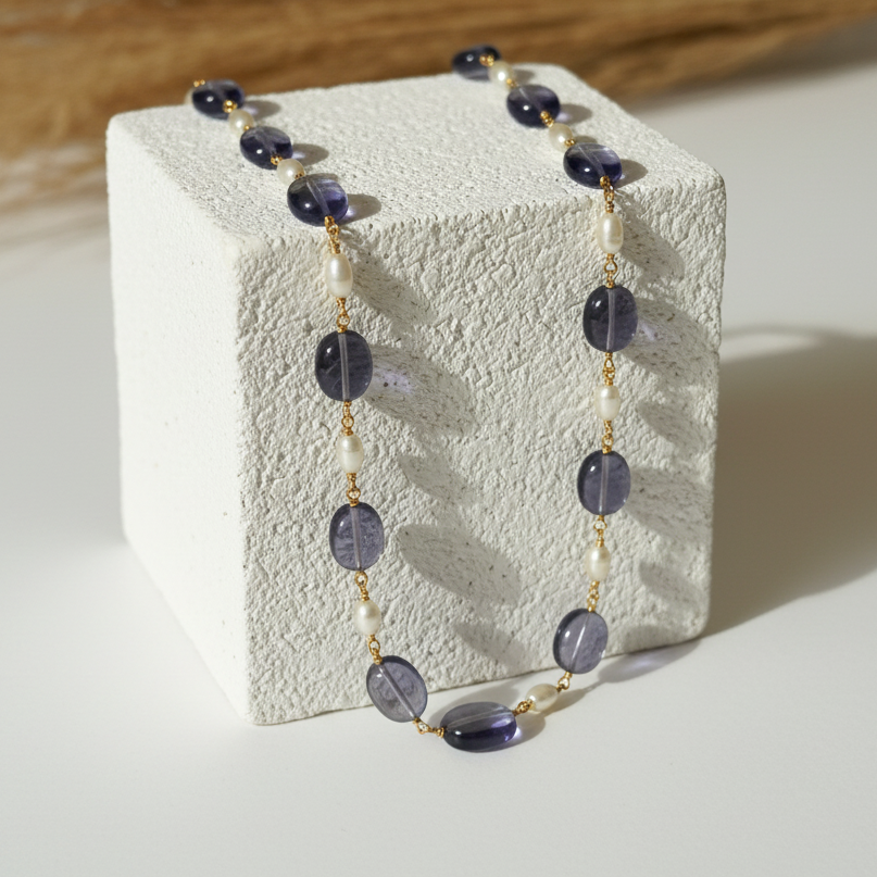 Hand-wrapped natural amethyst oval and freshwater pearl necklace on gold links, February and June birthstone