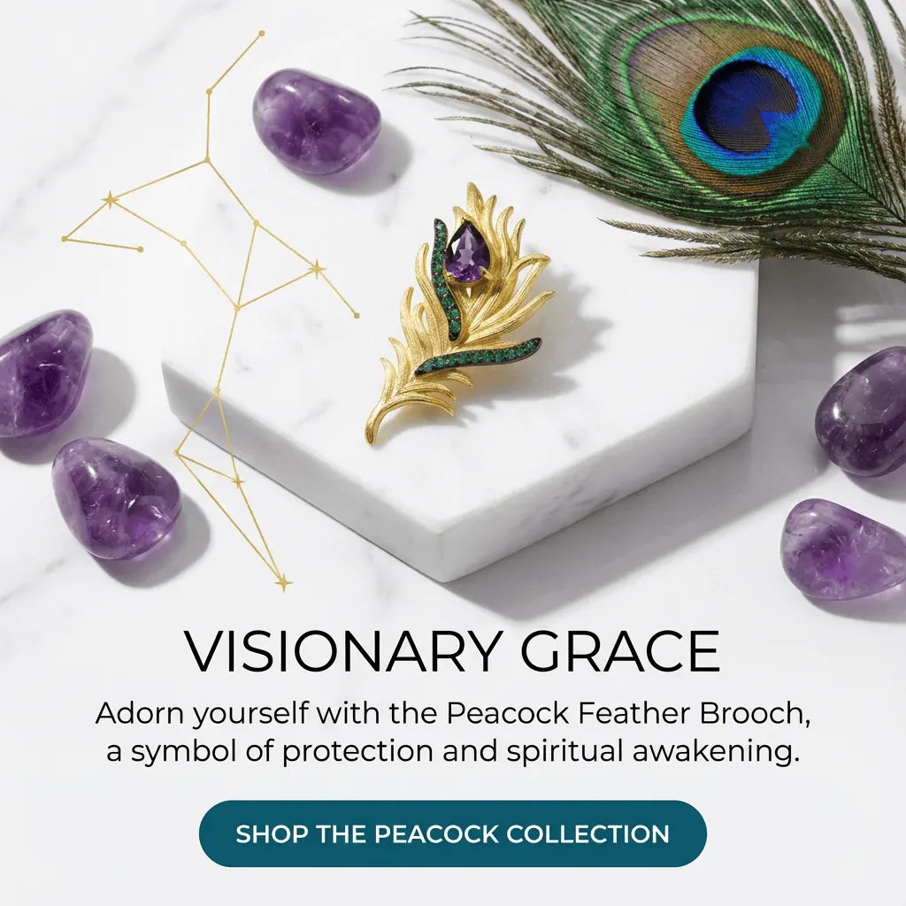 Peacock feather brooch with amethyst stones and peacock feather on a white surface, promotional text for 'Visionary Grace' collection.