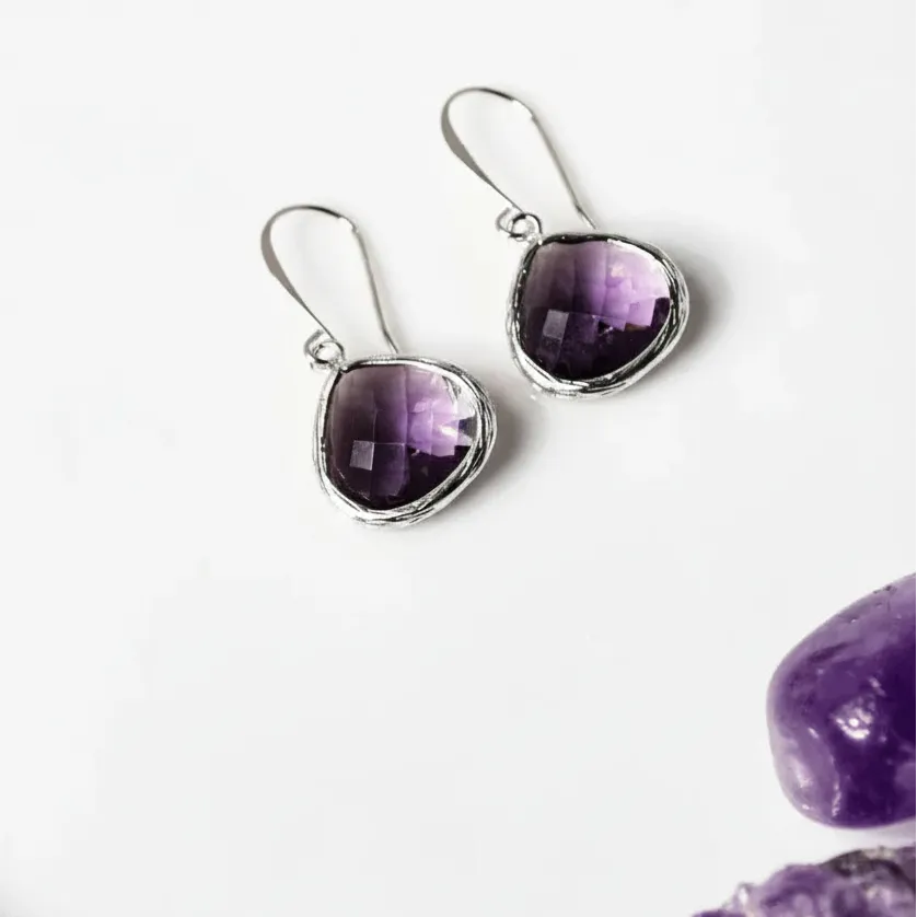 Amethyst elegant drop earrings in silver, February birthstone jewelry