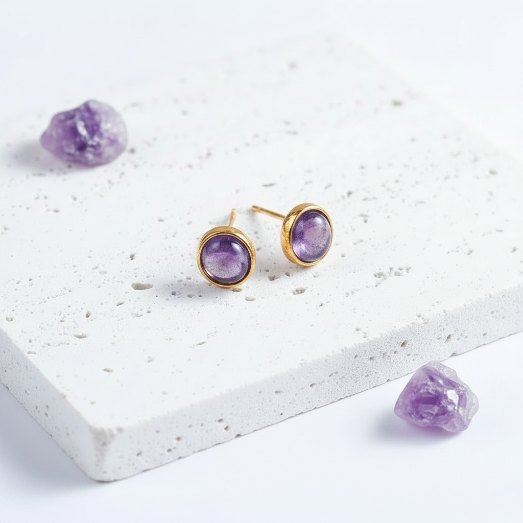 Amethyst oval stud earrings in gold-plated sterling silver — 6 x 8 mm bezel-set gemstone studs