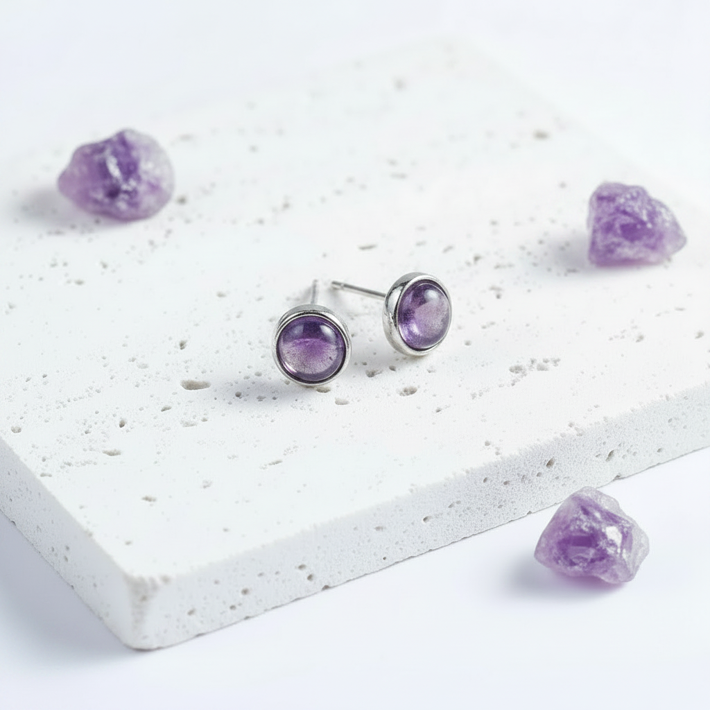 Amethyst oval stud earrings in sterling silver — small purple gemstone studs for intuition