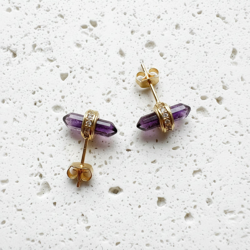 Gold-plated sterling silver amethyst hexagon stud earrings with cubic zirconia band, February birthstone jewelry