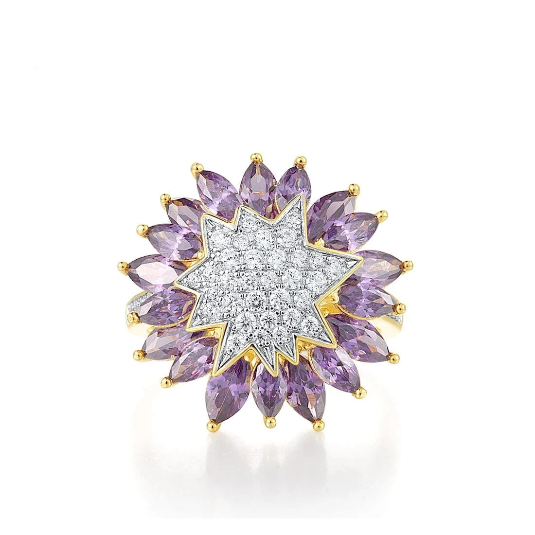 Jewelry with purple gemstones and gold accents on a white background