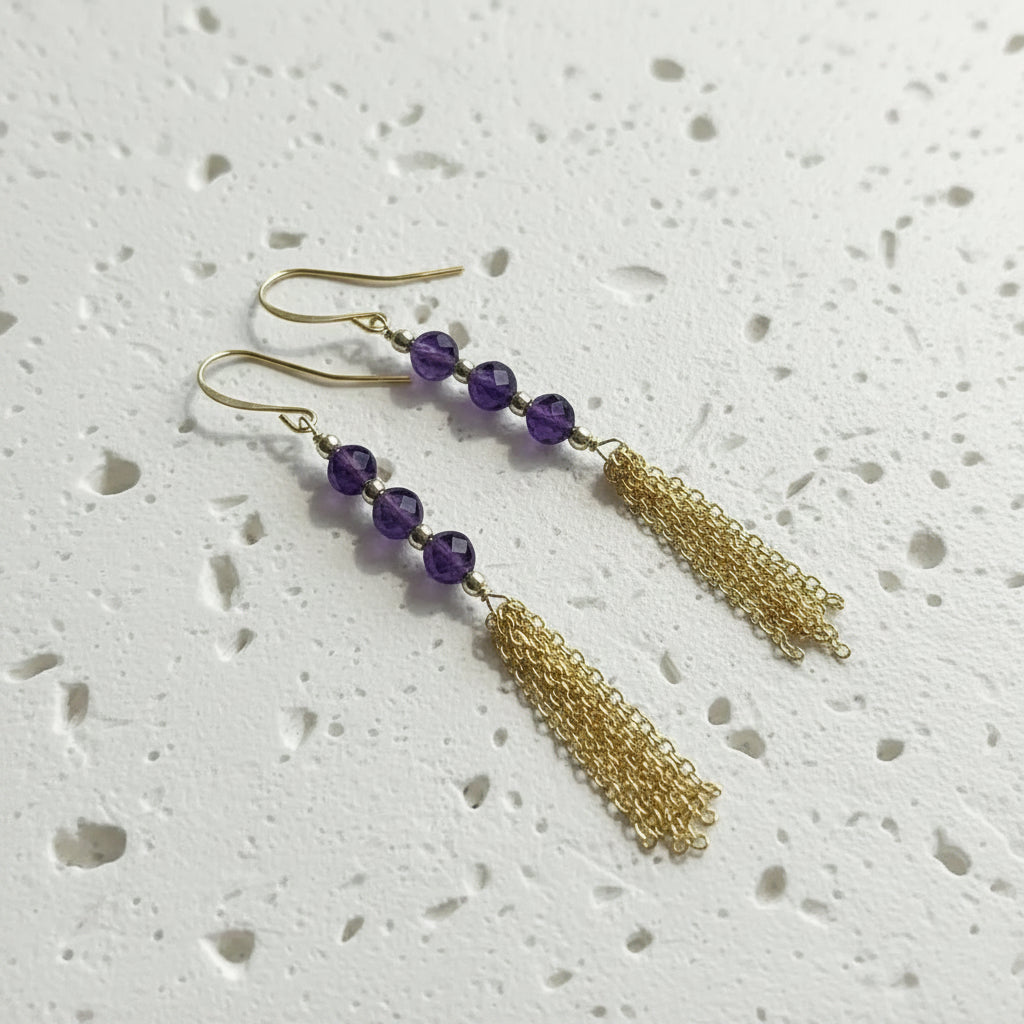 gold amethyst chain dangle earrings with faceted purple stone — February birthstone jewelry