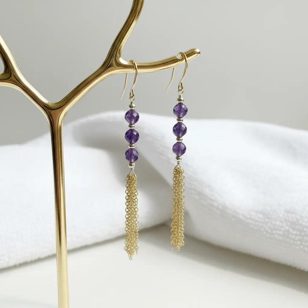 Gold amethyst chain dangle earrings hanging, faceted purple stone with cascading tassel — February birthstone jewelry