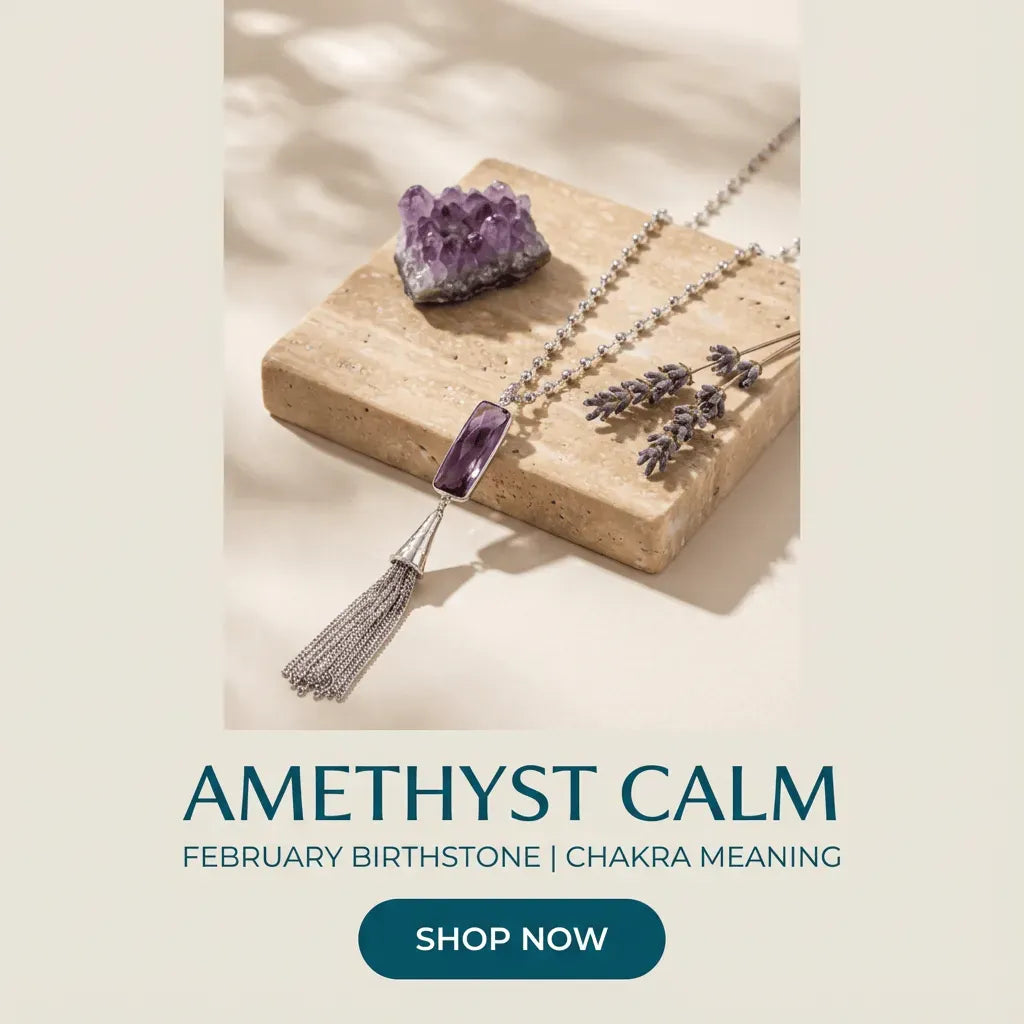 Necklace with amethyst pendant on a wooden block, with text about amethyst and a 'Shop Now' button.