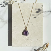 Gold amethyst teardrop pendant necklace with a plain bail — February birthstone jewelry