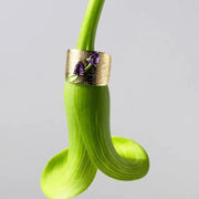 Gold ring with an amethyst stone on a green leaf against a gray background