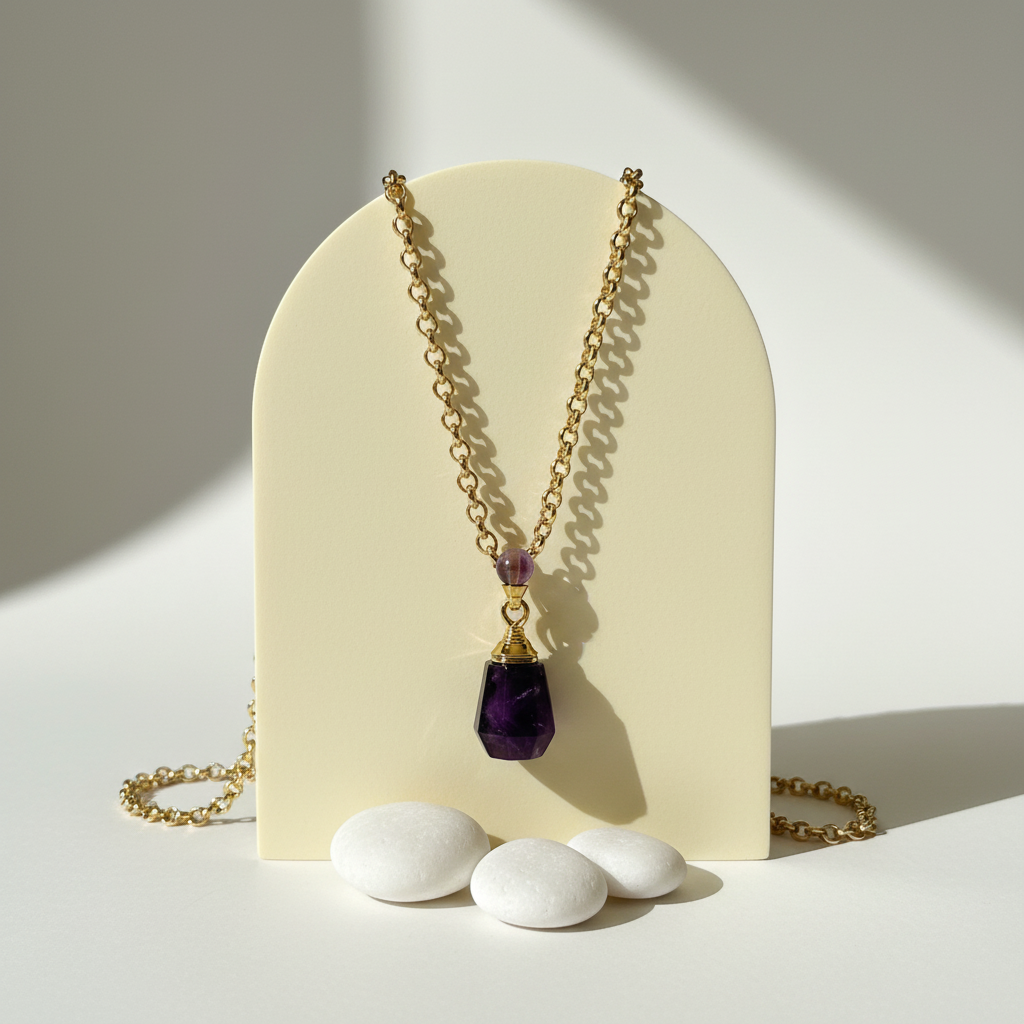 Amethyst crystal vial keepsake necklace detail, gold plated cap and chain, February birthstone