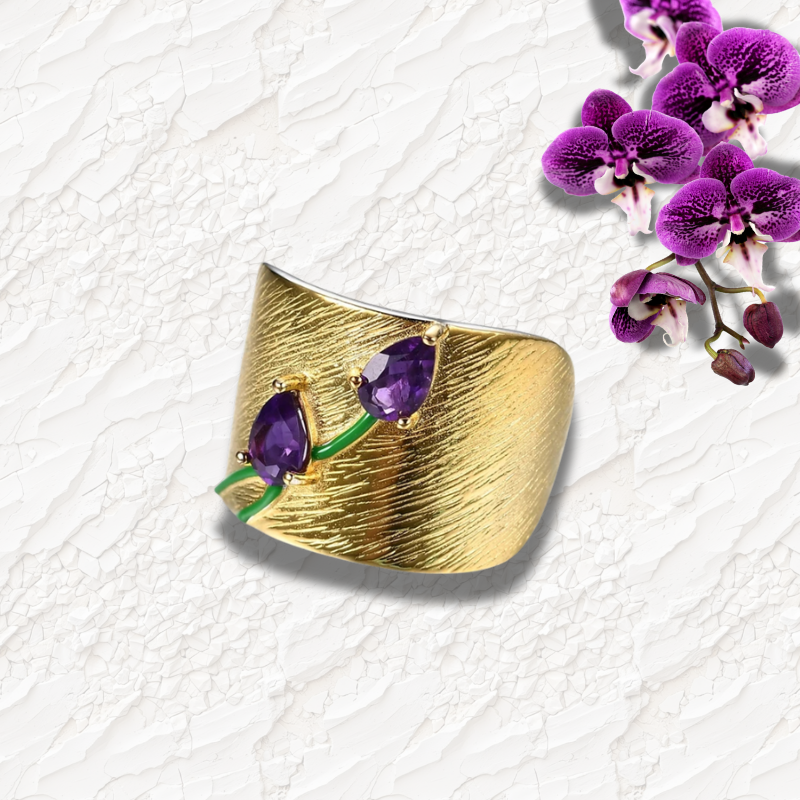 Elegant Brushed Gold Tulip Ring with Faceted Amethyst - Gold Plated Sterling Silver