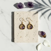 Ametrine drop earrings in gold, detailed edge design on shepherd's hook wires