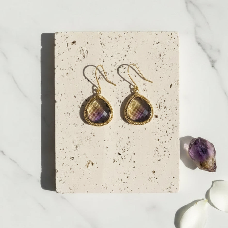Ametrine drop earrings in gold, detailed edge design on shepherd's hook wires