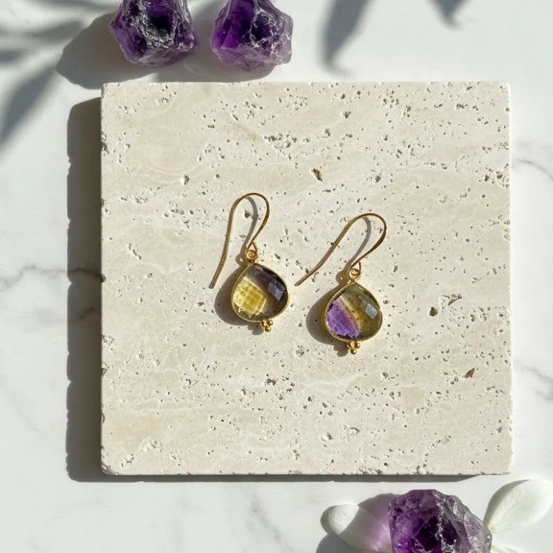Ametrine drop earrings in gold, dot design