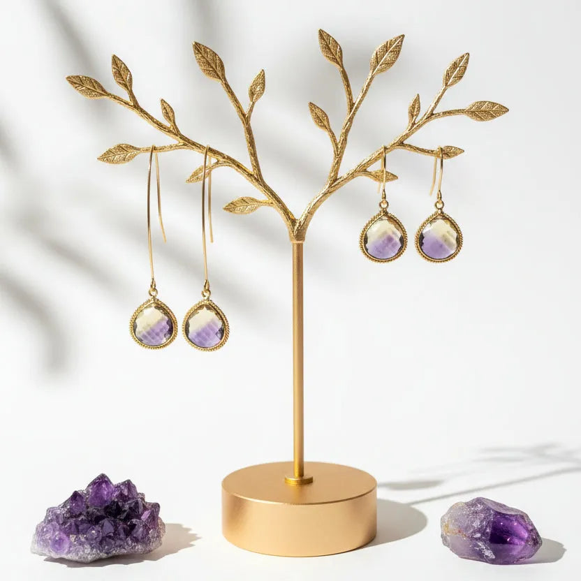 Ametrine drop earrings in gold on long and short ear wires, purple and gold stone