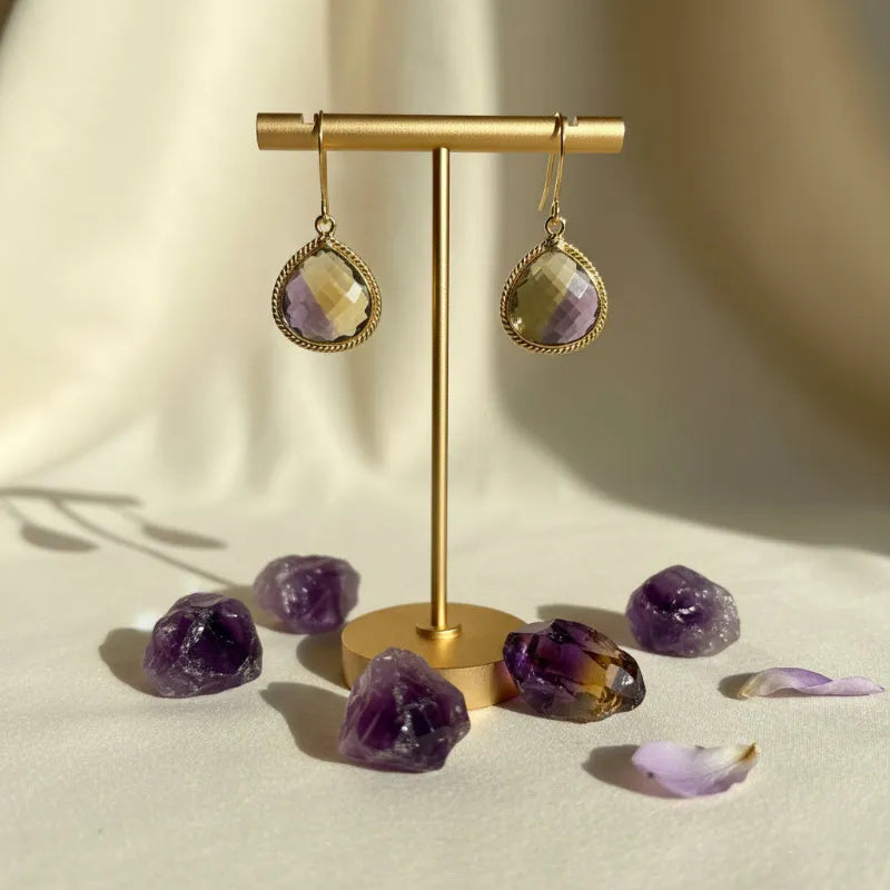 Ametrine drop earrings in gold on short ear wires
