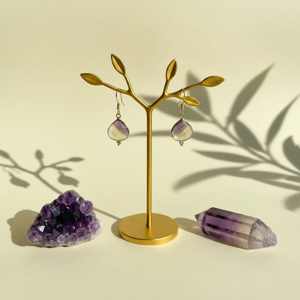 Ametrine drop earrings in gold on short ear wires, purple and gold stone