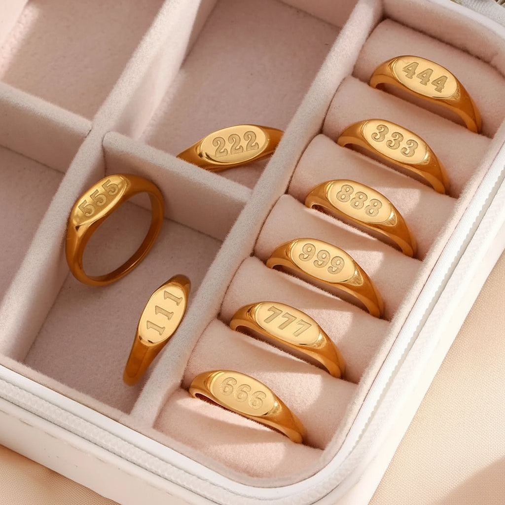 666 888 Gold angel number stacking rings  engraved —316L stainless steel, displayed in jewelry box.