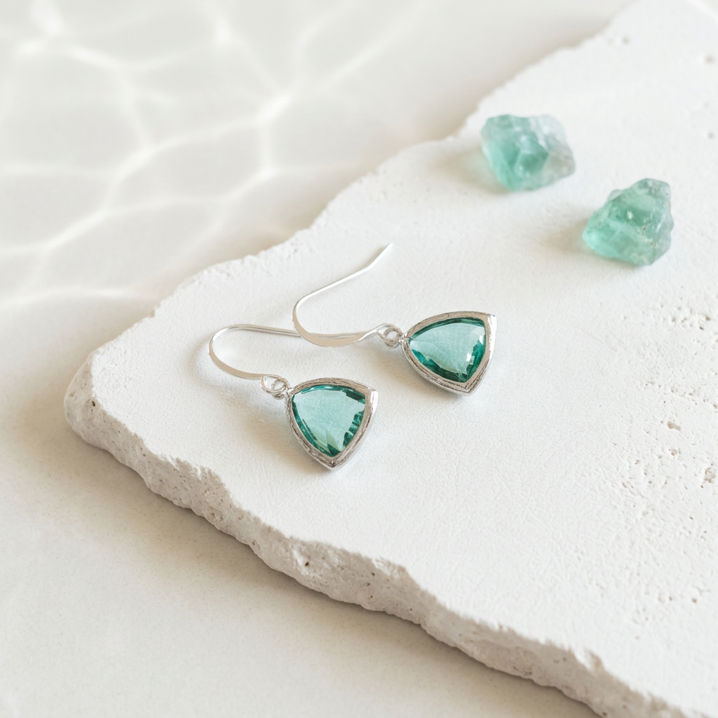 Silver Aqua Athena drop earrings with ocean blue faceted glass, March birthstone colour
