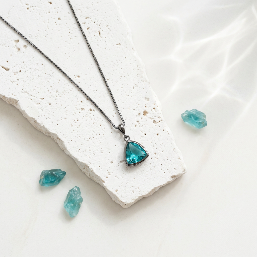 Silver Aqua Athena necklace with ocean blue faceted glass pendant, March birthstone colour