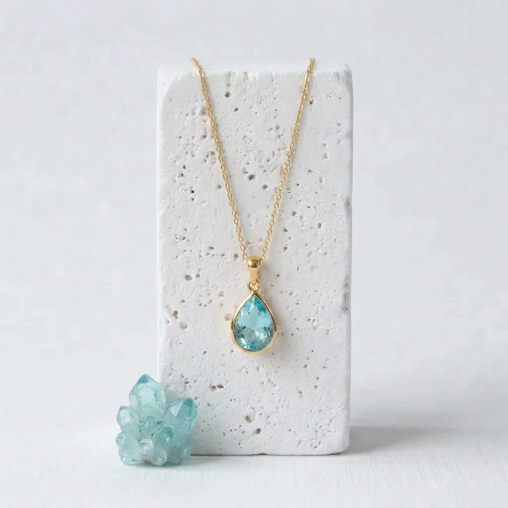 Gold teardrop pendant necklace with aqua blue faceted glass drop, hanging view, March birthstone colour