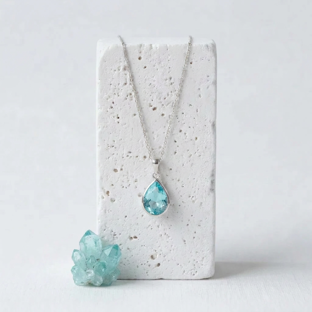 Silver teardrop pendant necklace with aqua blue faceted glass drop, hanging view, March birthstone colour