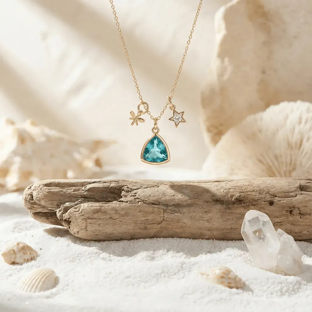 Gold necklace with a blue pendant on a sandy surface with shells and driftwood