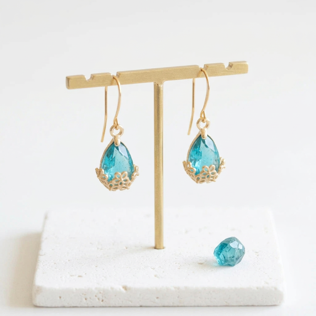 Large gold Flower-Cap earrings with aqua blue glass drops