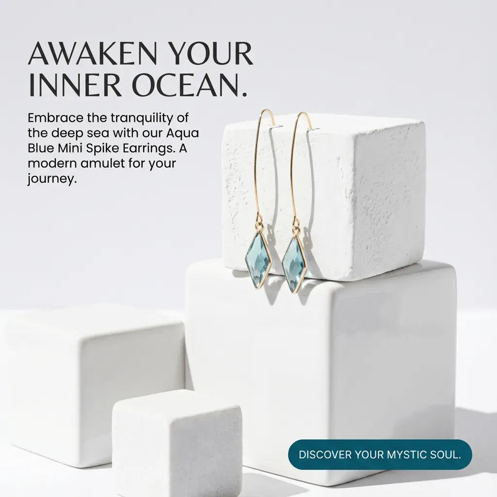 Aqua Blue Mini Spike Earrings on a white block with promotional text on a light gray background