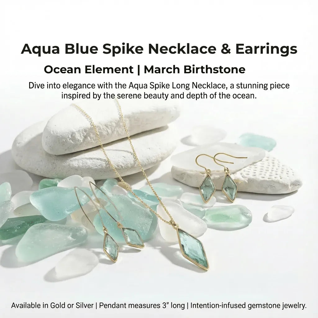Aqua blue spike necklace and earrings on stones with text about ocean element and March birthstone.