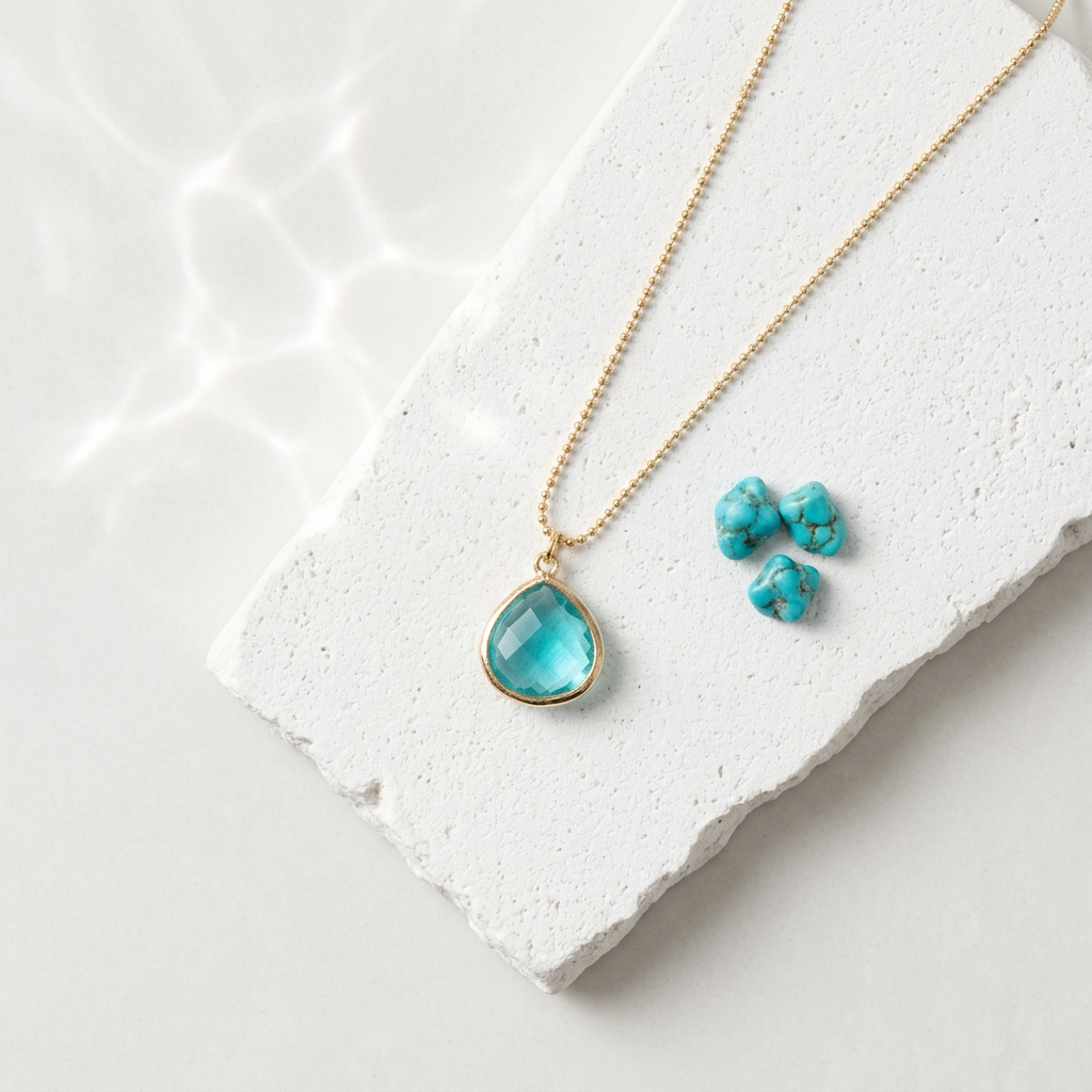 Gold Elegant Pebble necklace with aqua blue faceted glass pendant, March birthstone colour