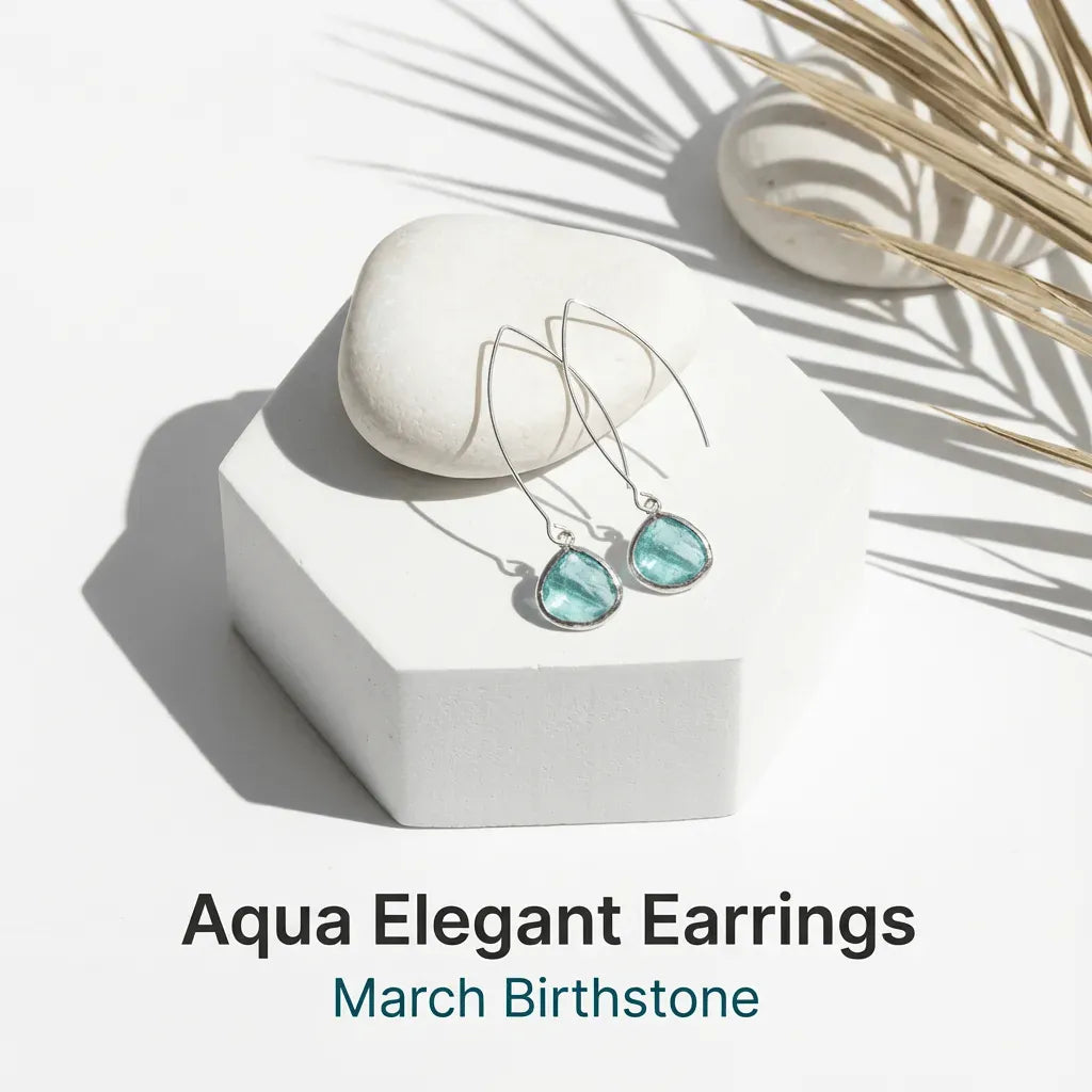 Aqua elegant earrings on a white stand with a natural background