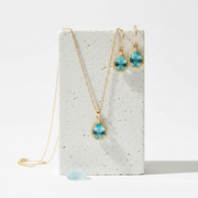 Aqua glass Exquisite necklace and earring set in gold, handmade in Calgary